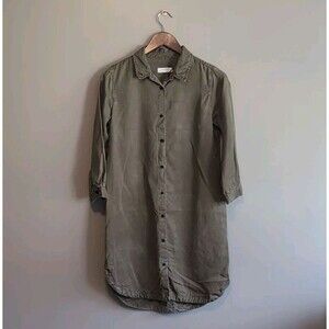 Zara XS Olive Green Denim Dress Button Up Shirt Mini Utility Military Straight